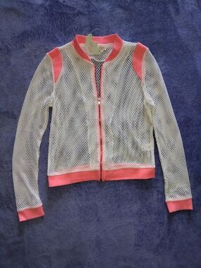 Tea n Cup White Mesh Bomber Jacket with Pink Trim